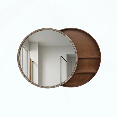 Sliding Round Wall Mirror with 2-Tier Storage Shelves