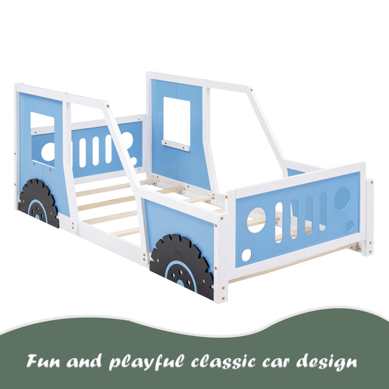 Lit plateforme classique avec roulettes en forme de voiture, Bleu
