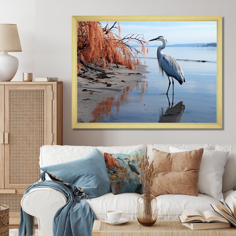 Heron Morning Stroll, reproduction d'art sur toile, H 16 po x l 32 po x P 1 po, Encadrement doré