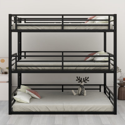 Metal Triple Bunk Bed With Guardrails