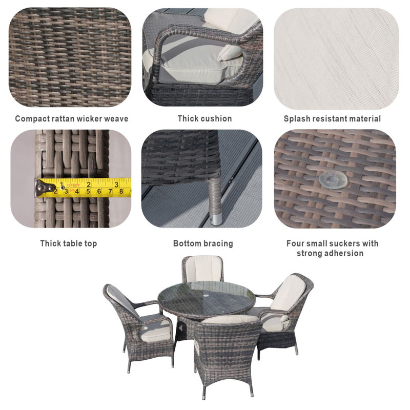 Brown Wicker 5-Piece Round Outdoor Dining Set with Beige Cushions