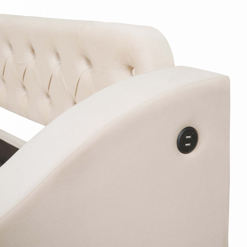 CanapÃ©-lit rembourrÃ© de taille double avec accoudoirs de rangement et port USB, Beige