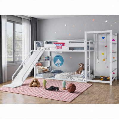AVELOR Kids Metal Loft Bed with Slide, Climbing Wall, Basketball Hoop, Gym Rings & Built-In Bookshelves