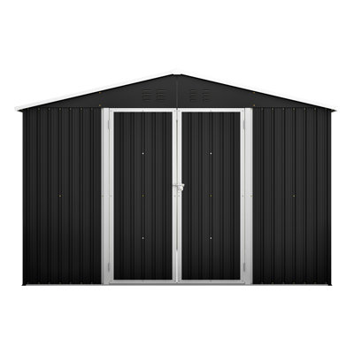 Grand abri de jardin extérieur en métal noir de 3 x 3 m (10 x 10 pi), structure renforcée et modernisée, double porte verrouillable, résistant aux intempéries, idéal pour le matériel de jardinage, toit en pente, acier galvanisé et ventilation.