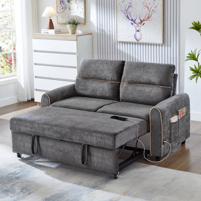 Canapé-lit coulissant en chenille avec dossier réglable à 3 positions, ports de chargement USB et poches de rangement latérales pour les espaces de vie modernes.