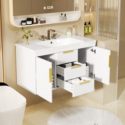 36'' Bathroom Vanity, Wall Mounted, 2 Drawers, Sufficient Storage, High - Quality Build, Smooth Slide Rail, Rust Handles, Waterproof Finish, 36''X18'' Three Hole Basin Sink, Easy To Assemble, White