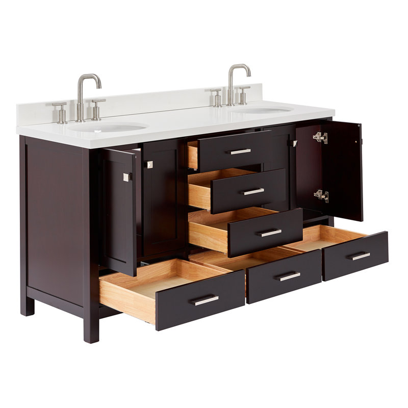 Cambridge 67'' Double Bathroom Vanity with White Quartz Top, Espresso / Brushed Nickel