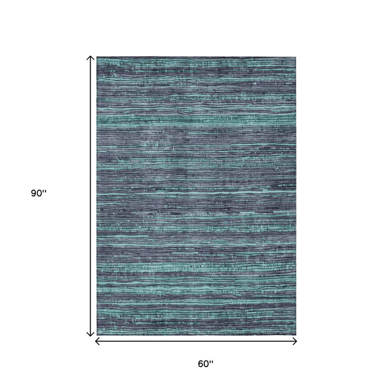 Tapis extérieur lavable rayé bleu sarcelle et gris 5 pi x 8 pi