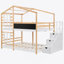 Lit double superposé double avec toit, fenêtres, tableau noir et échelle de rangement, idéal pour les chambres d'enfants et les aires de jeux-34981960