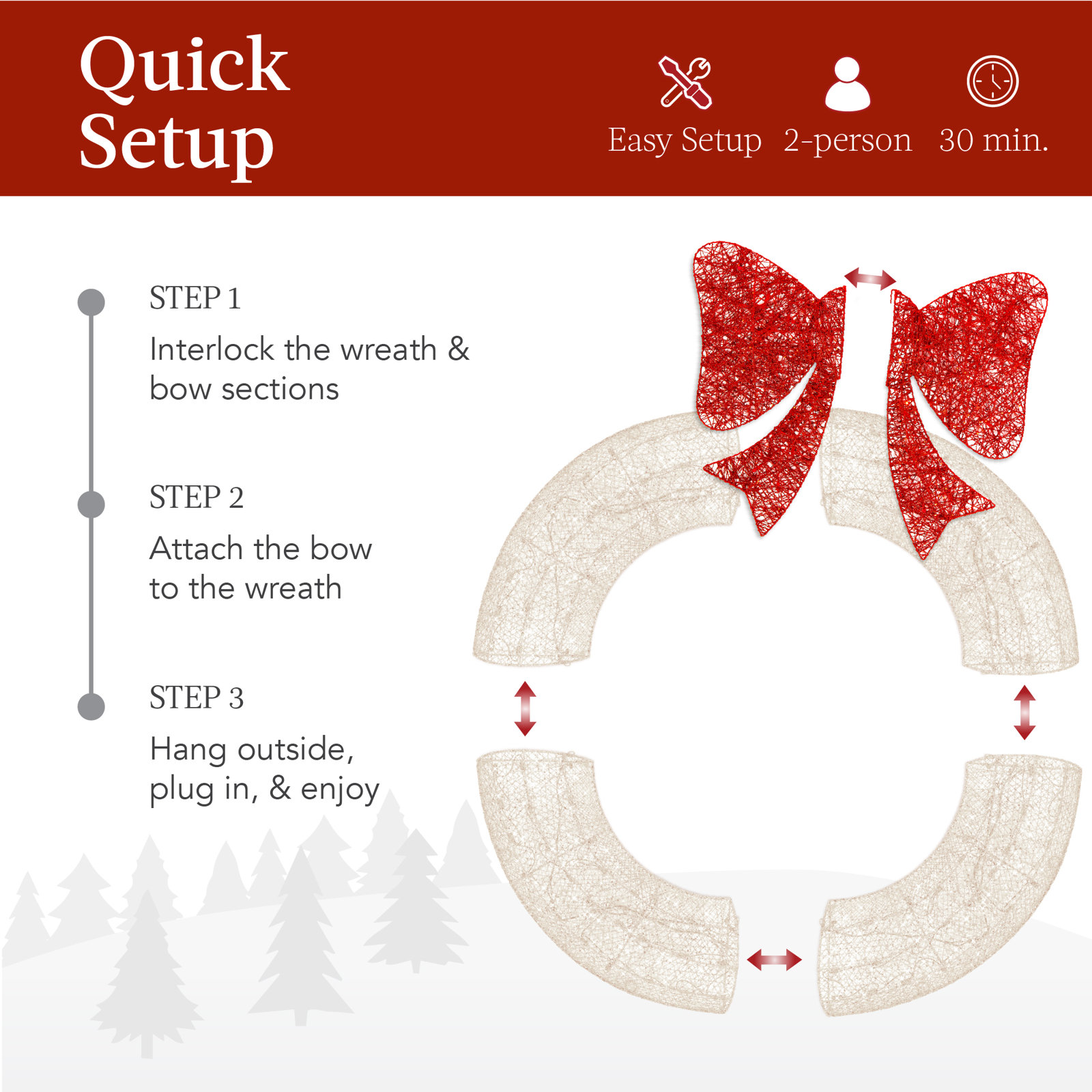 Pre-Lit Metal Holiday Wreath, 48" H x 48" W x 6" D, White