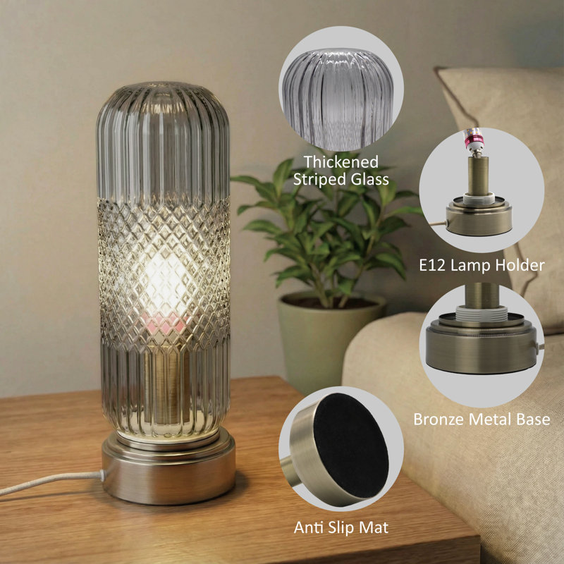 11.61'' Touch Dimmable Ribbed Diamond Glass Table Lamp with Antique Bronze Base and E12 Lamp Holder, cULus Certified for Bedroom Nightstands, Living Room Side Tables, Study Rooms or Home Offices