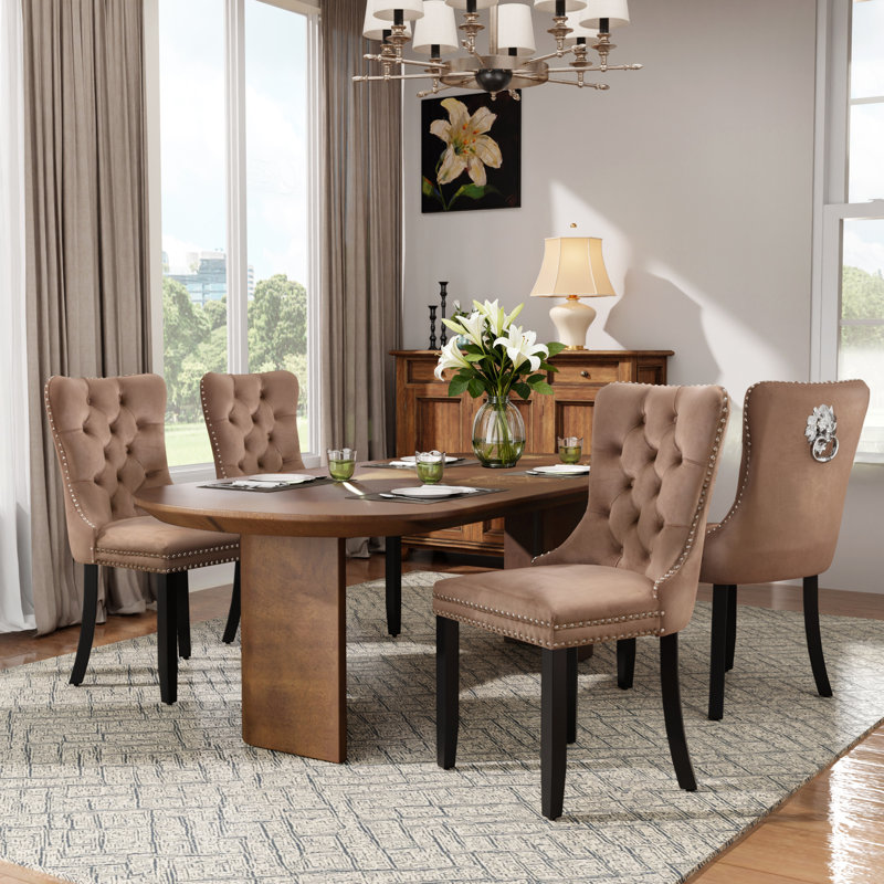 Modern Velvet Tufted Solid Wood Upholstered Dining Chairs Set of 4, Khaki