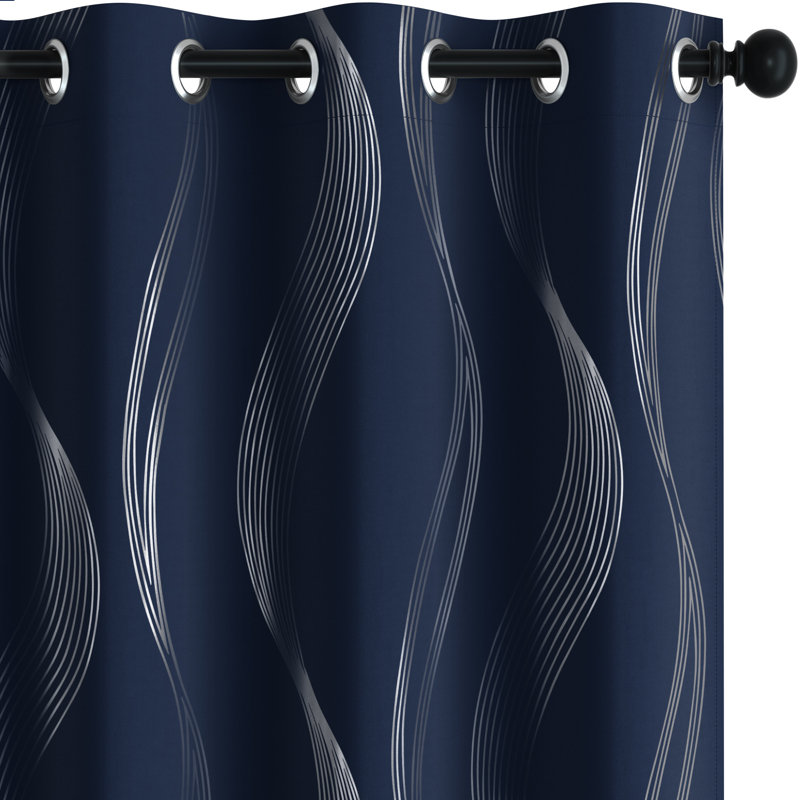 Spurgh Sliver Wave Foil Print Blackout Thermal Grommet Curtain Panels (Set of 2), 42" W x 63" L, Navy Blue