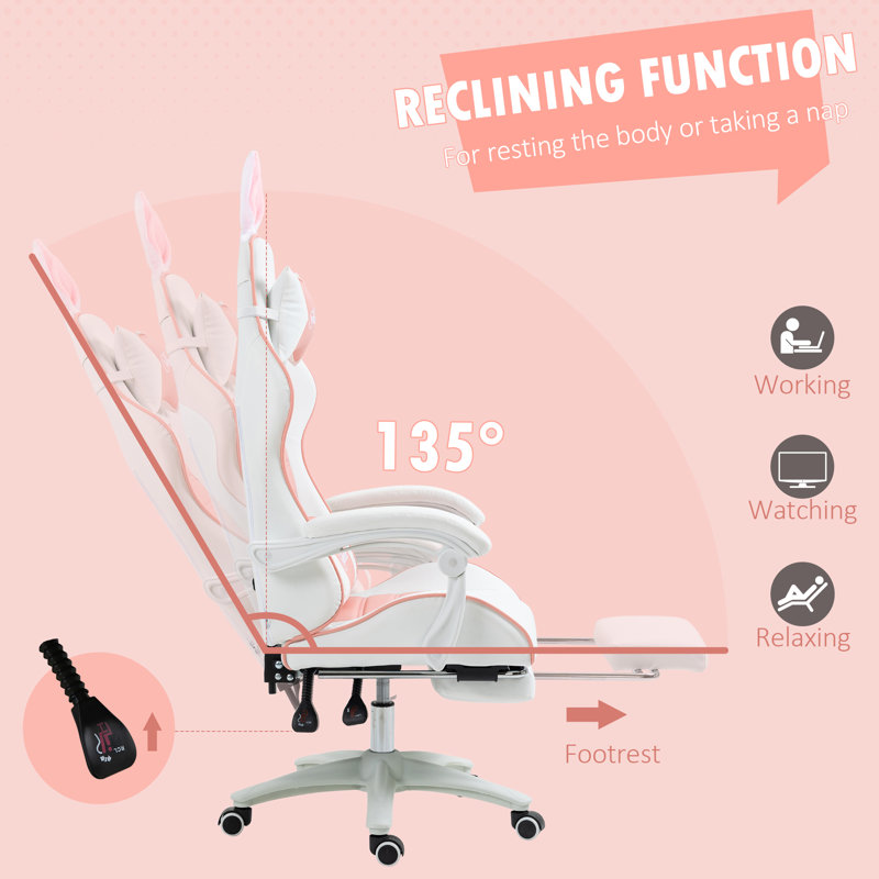HOMCOM Adjustable Reclining Ergonomic Faux Leather Swiveling PC & Racing Game Chair with Footrest, Pink/White