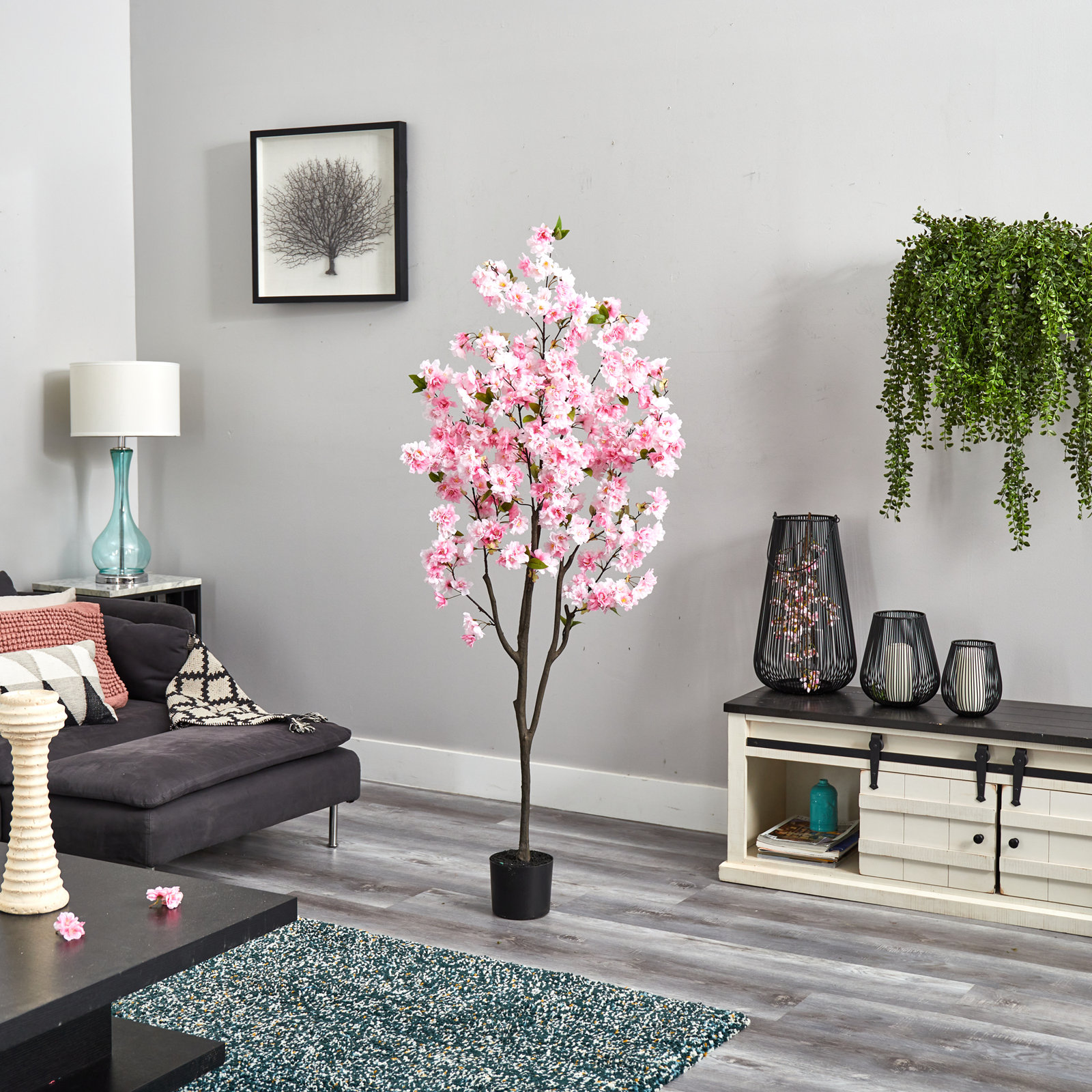 Faux Cherry Blossom Tree in Planter, 72" H x 31" W x 10" D, Pink