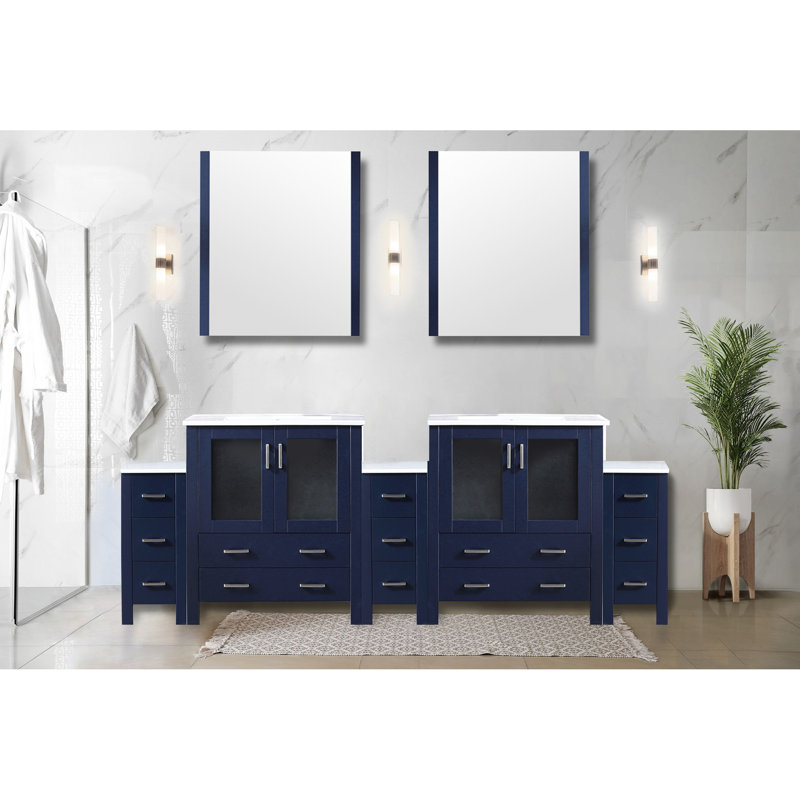 96 po W, bleu marine, meuble-lavabo double, armoires latérales, comptoir en céramique blanche, structure en bois massif, tiroirs intérieurs à fermeture douce, espace de rangement, surface de travail, pré-percé, robinet