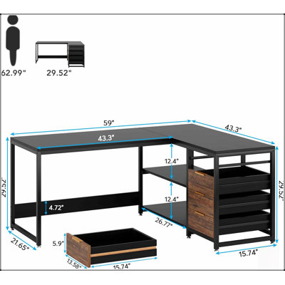 Bureau d'ordinateur en L 59 pouces avec tiroirs et tablettes de rangement, poste de travail de coin réversible, bureau d'écriture avec classeur