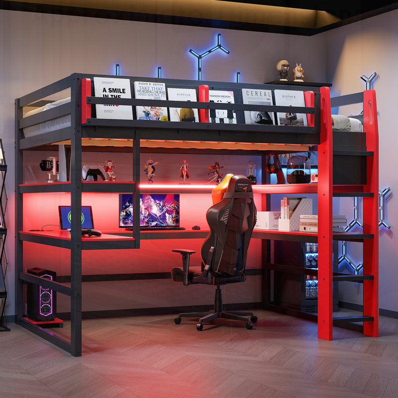 Lit mezzanine en bois avec bureau intégré, rangement latéral, tablettes multiples et éclairage RVB pour une vie moderne
