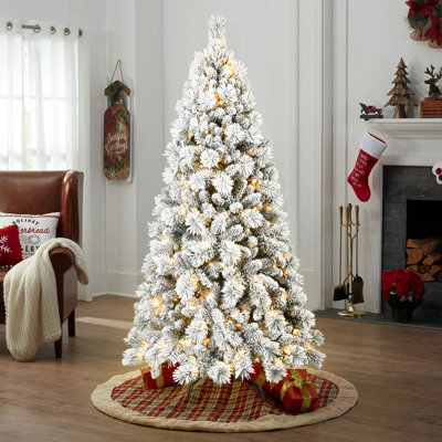 Arbre de Noël enneigé artificiel pré-éclairé avec branches en PVC, lumières, aiguilles de pin, décor des Fêtes