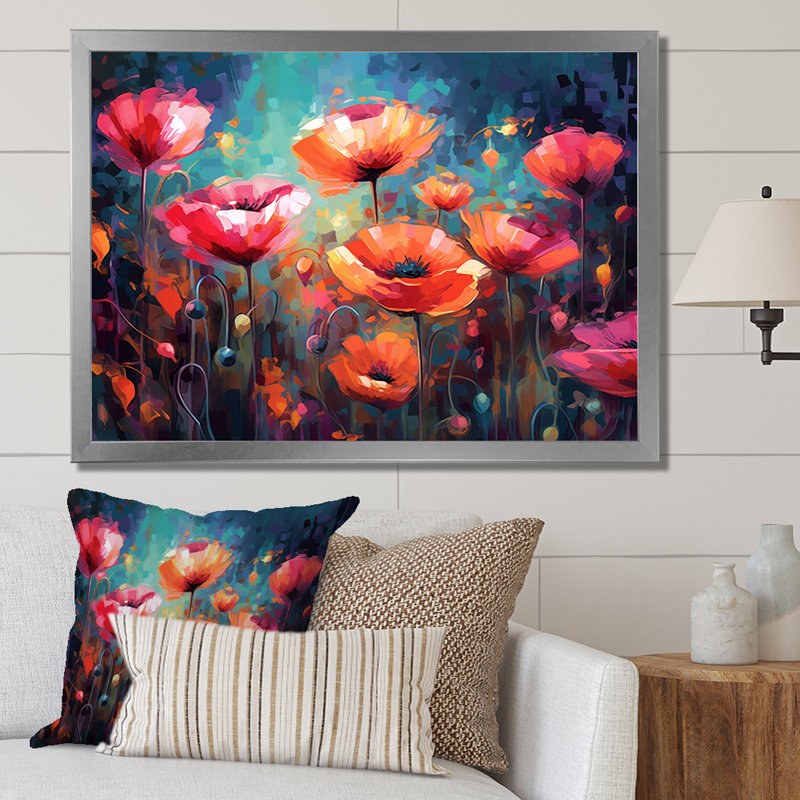 Pêche vibrante et rêves de coquelicots roses, Cadre simple argenté, H 24 po x l 32 po x P 1 po