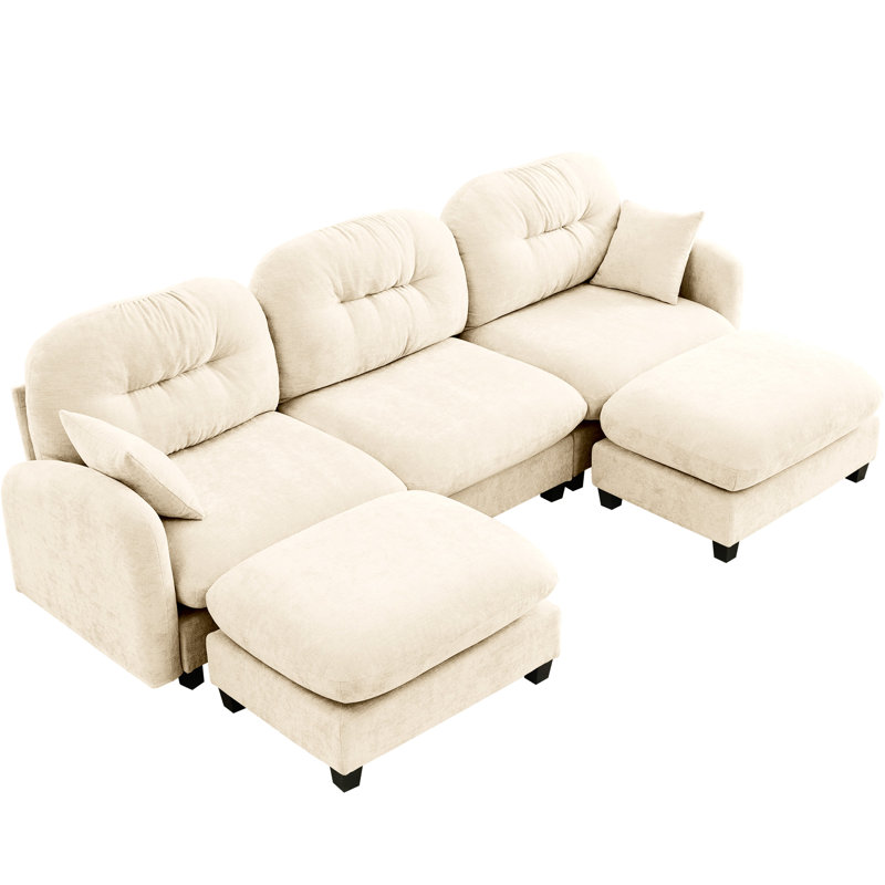 Modular Sectional U Shaped 3 - Seat Couch, , Chenille, Cushion, Ergonomic Curve, Resilience Spring Pack, 2 Throw Pillows, Ideal For Relaxing Beige , Chenille Upholstery, , Seat, Multiple Usage