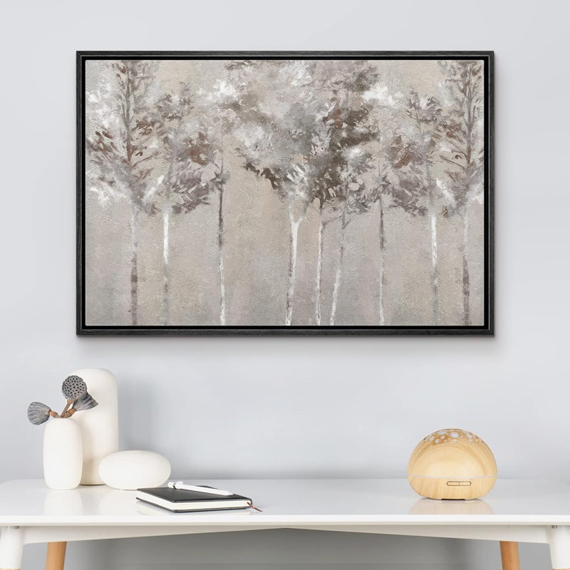 " Gray Forest Tree Silhouette Country ", 16" H x 24" W x 1.5" D, Black Framed