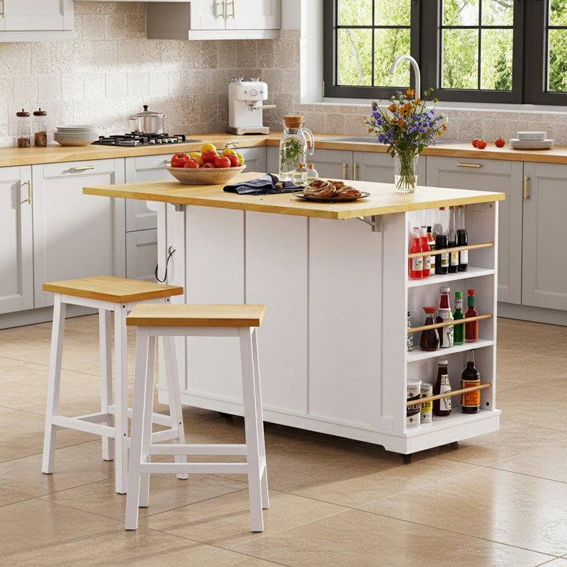 Îlot de cuisine à tablettes ouvertes avec rallonge et prise de courant, Blanc