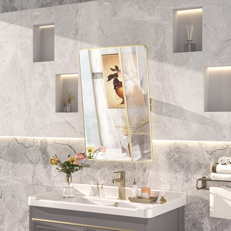 Myleesha Bathroom Mirror with Framed Rounded Corner Pivot, Adjustable Rotating Wall Mounted Vanity Mirror, Gold, 36" x 24"
