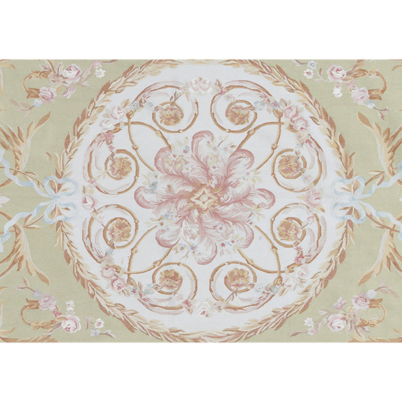 Aubusson Renaissance Wool Oriental Area Rug in Gold/Light Green/Pink, Rectangle 10'2" x 14'4"