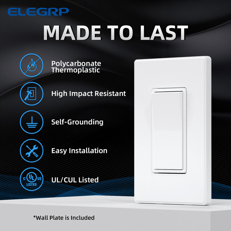 White Matte Single Pole Rocker Light Switch Set with Thermoplastic Wall Plate