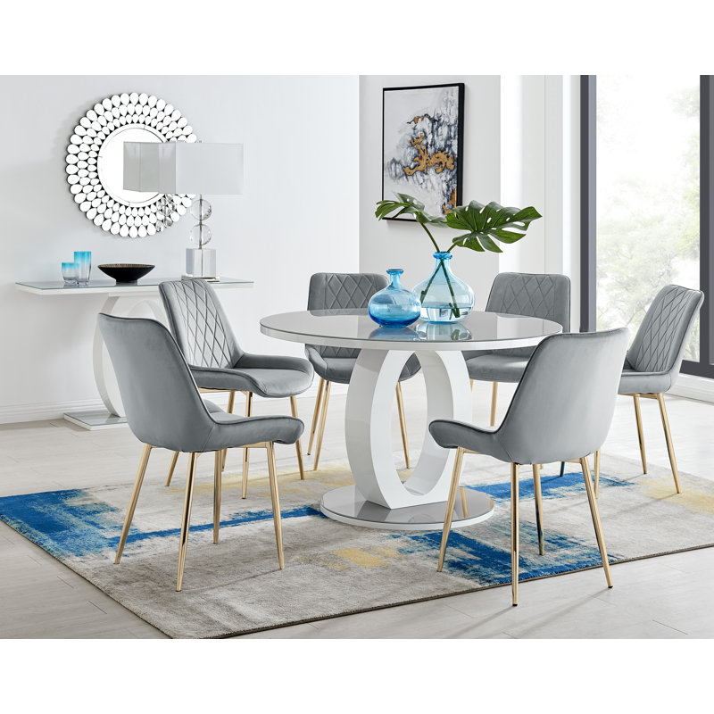 Scottsmoor Modern Halo Seat Round Dining Table Set - 6 Luxury Velvet Mid-Century Upholstered Chairs, Blue/Silver, Grey