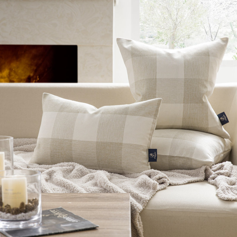 Off-White Beige Checkered Cotton Blend Throw Pillow Set