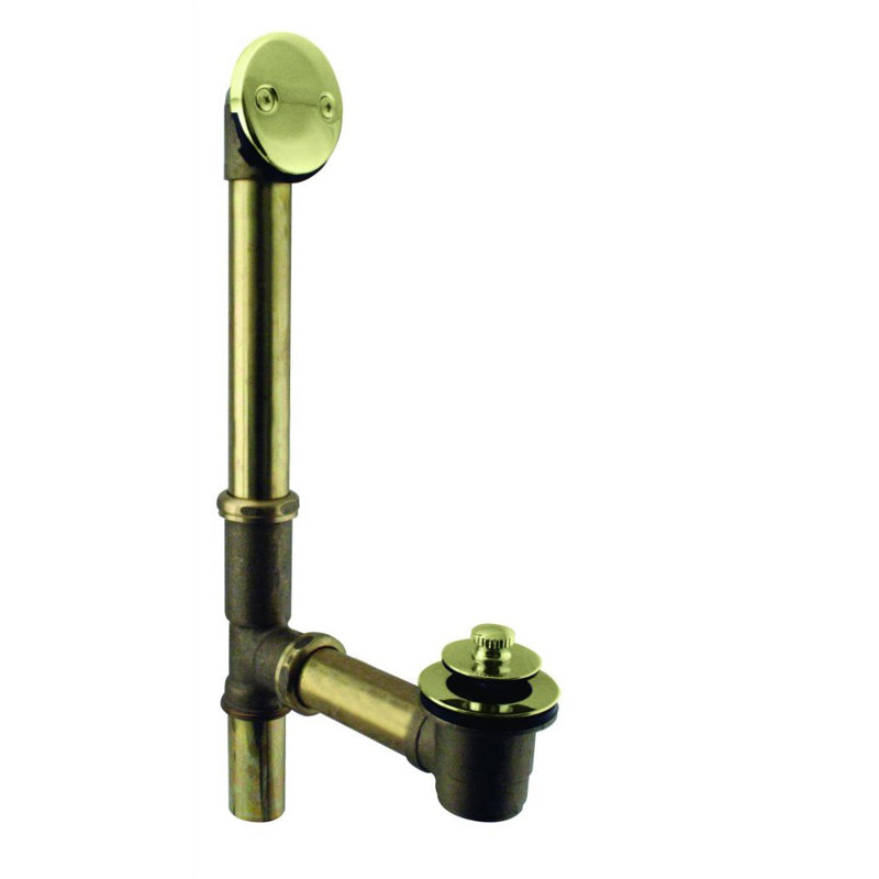 14 20 ga. Pull & Close Bathtub Leg Drain Assembly with 2-Hole Overflow, Polished Brass