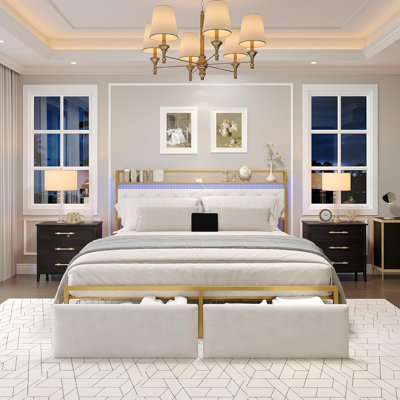 Bed Frame with Storage Headboard & Charging Station, 2 Drawers, LED Lights, Metal Platform, Rustic Grey