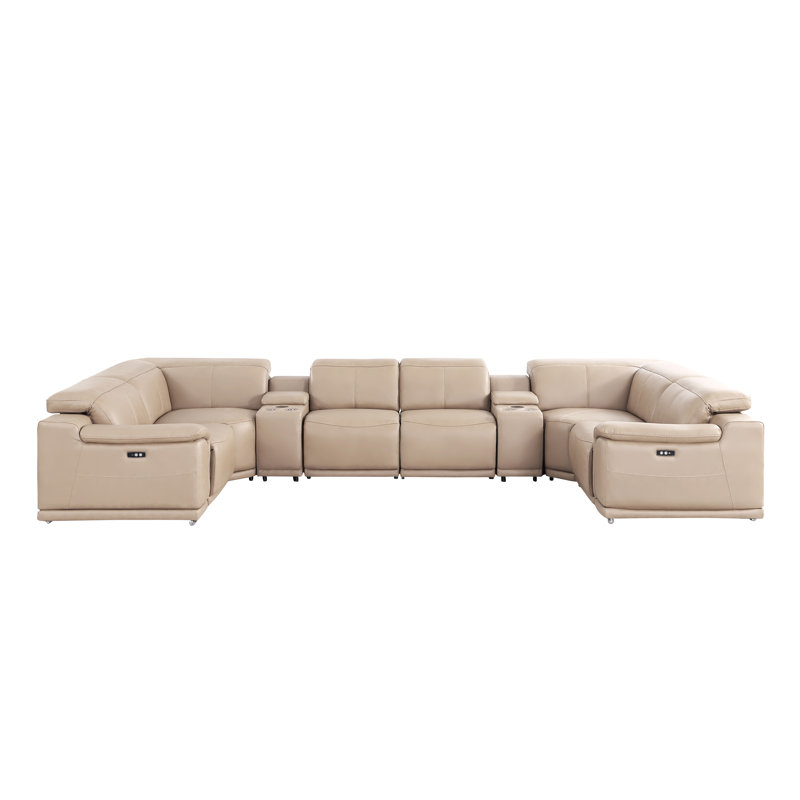 8-Piece U-Shaped Power Reclining Sectional In Genuine Leather – 2 Recliners, Beige Top Grain Leather