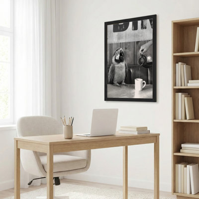 Toile noire encadrée en bois noir pour salon, chambre à coucher, bureau ou vestibule - décoration murale décorative avec thé perroquet