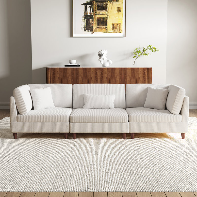 3 - Piece Upholstered Corduroy Modular Sectional with Pillow Back and Solid Wood Legs, Beige