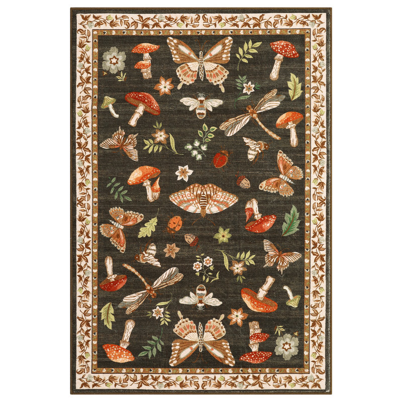 Floral Machine Washable Rug with Non-Slip Backing, Soft Thin Low Pile Non Shedding Floor Carpet, Indoor Foldable Printed Accent Mat for Living Room/Nursery/Bedroom