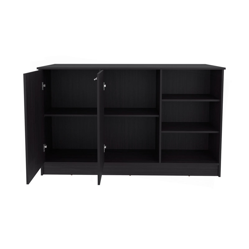 Kitchen Island Two Cabinets, Three Open Shelves, Black, 35.66" H x 59.05" W x 26.37" D