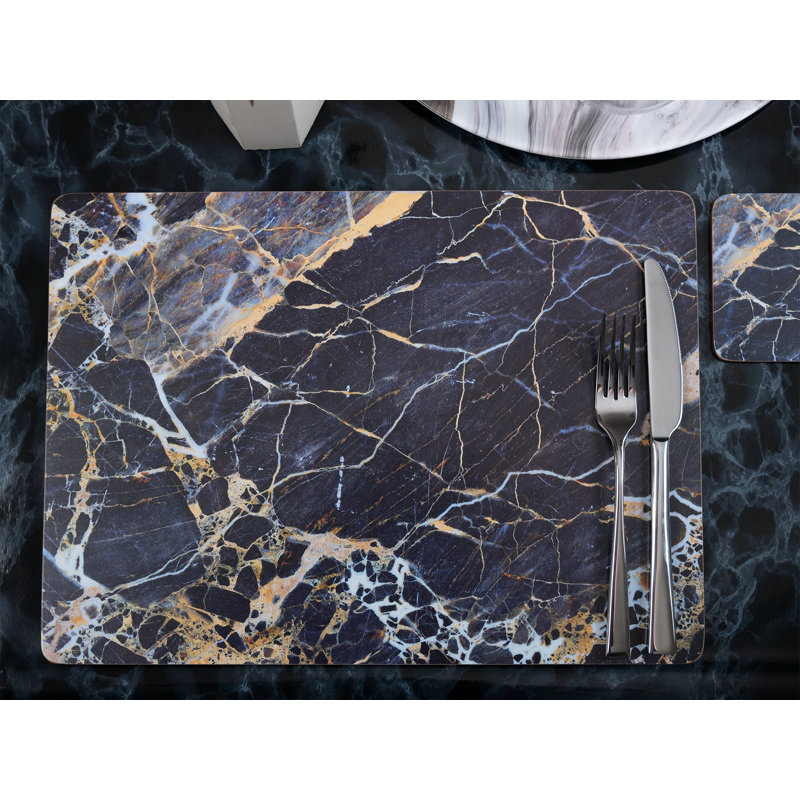 Navy Marble Lacquered With Cork Backing Abstract Rectangle Placemat
