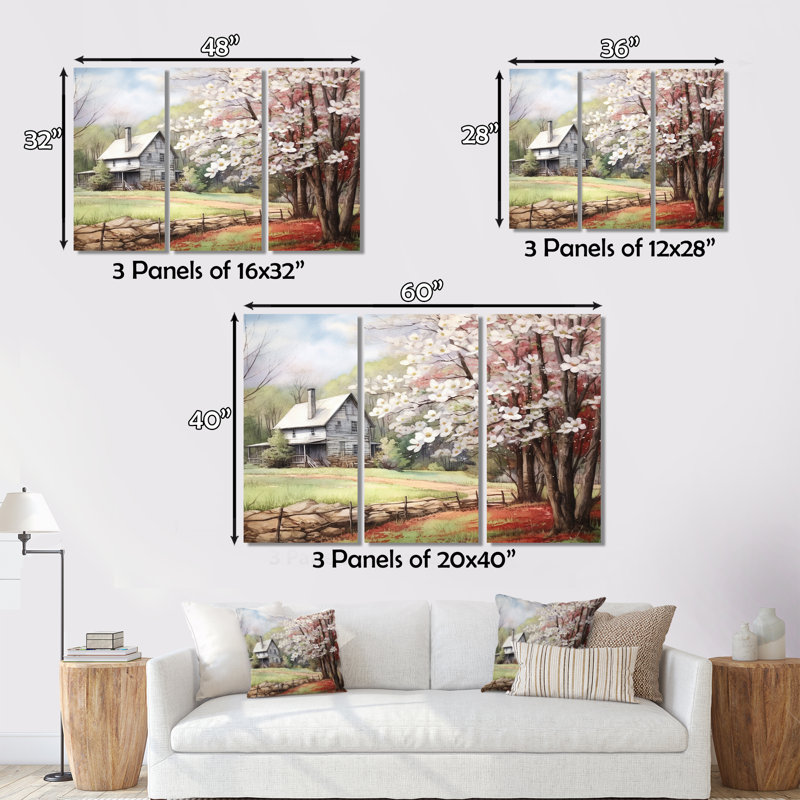 Reproduction de 3 pièces sur toile blanc gris et gris à la ferme III, H 40 po x l 60 po x P 1 po