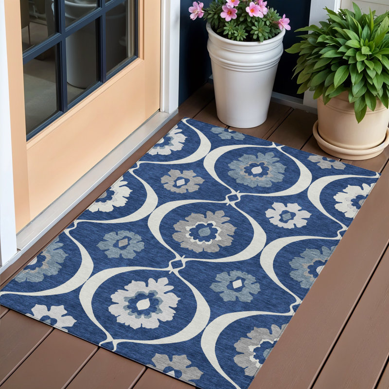 3' X 5' Navy Blue And Ivory Medallion Washable Indoor Outdoor Area Rug