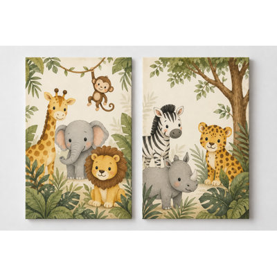Large Set of 2 Safari Jungle Animal Wall Art for Nursery Bedroom, Giraffe Elephant Lion Zebra Watercolor Canvas Decor for Baby Kids Room 16x24 Inch Canvas Print - Ready to hang
