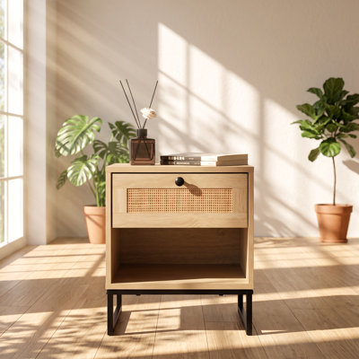 Birch 16" W x 16" D x 18" H 1-Drawer Natural Wood and Metal Accent Side Table