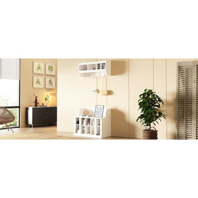 White Shoe Storage Cabinet With Wall Mounted Coat Rack And 4 Hooks, Entryway Organizer For Hallway, Foyer Bench Elegant Hall Tree Hallway