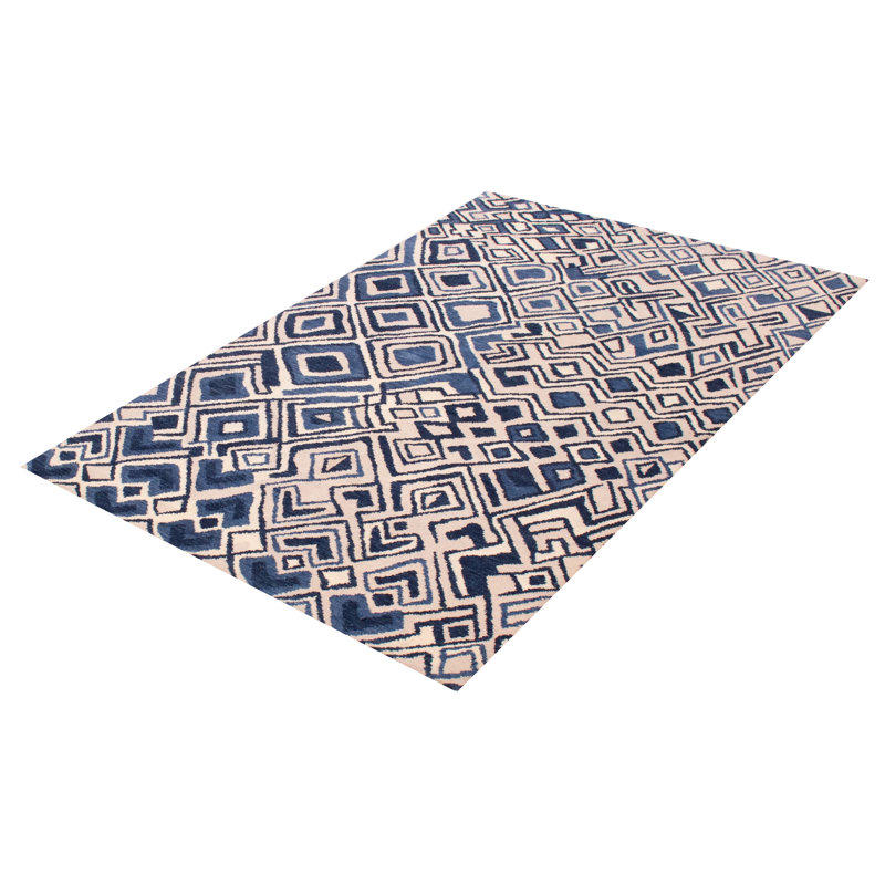 Tapis bleu marine en laine noué à la main de conception unique nouvel âge 5 pi 5 po x 8 pi 4 po Lacombe