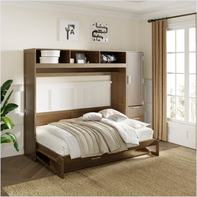 Murphy Bed With Wardrobe, Drawers And Open Shelves, Antique Wood