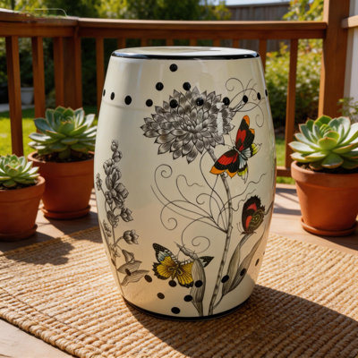 Tabouret en céramique fleur et oiseau