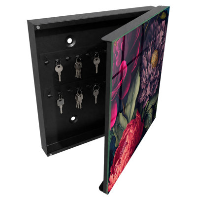 Key storage cabinet, Opens to the right, 30x30x5, Black, Flowers in full color and expressive details, 