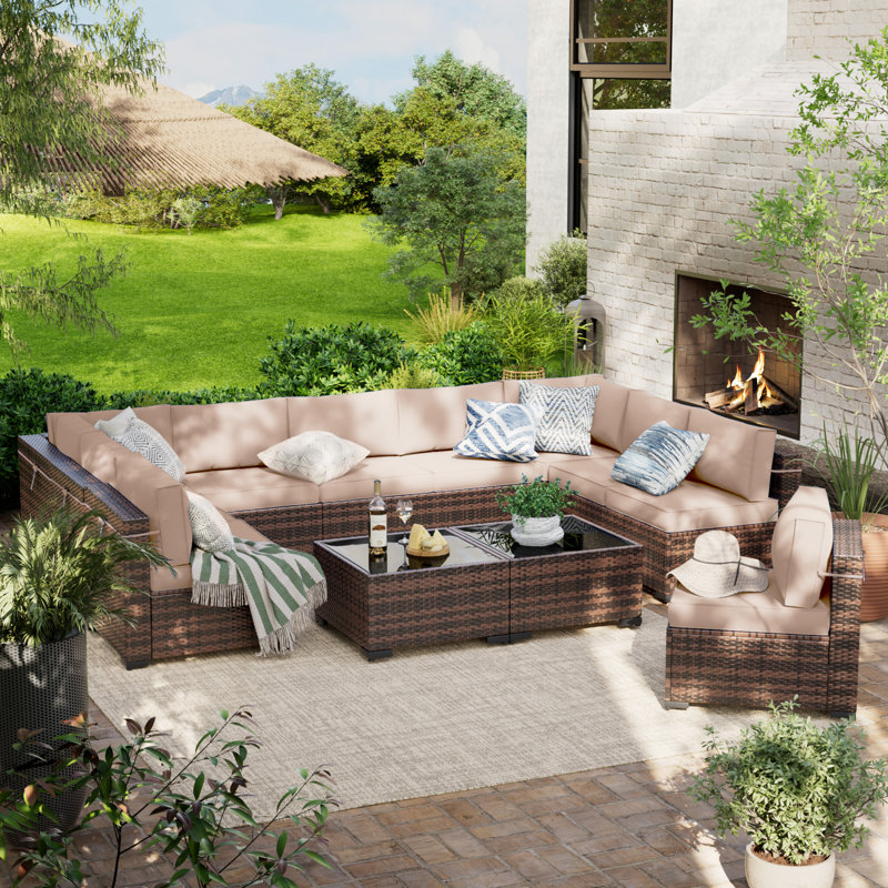 10 - Person Outdoor Seating Group With Cushions, Beige